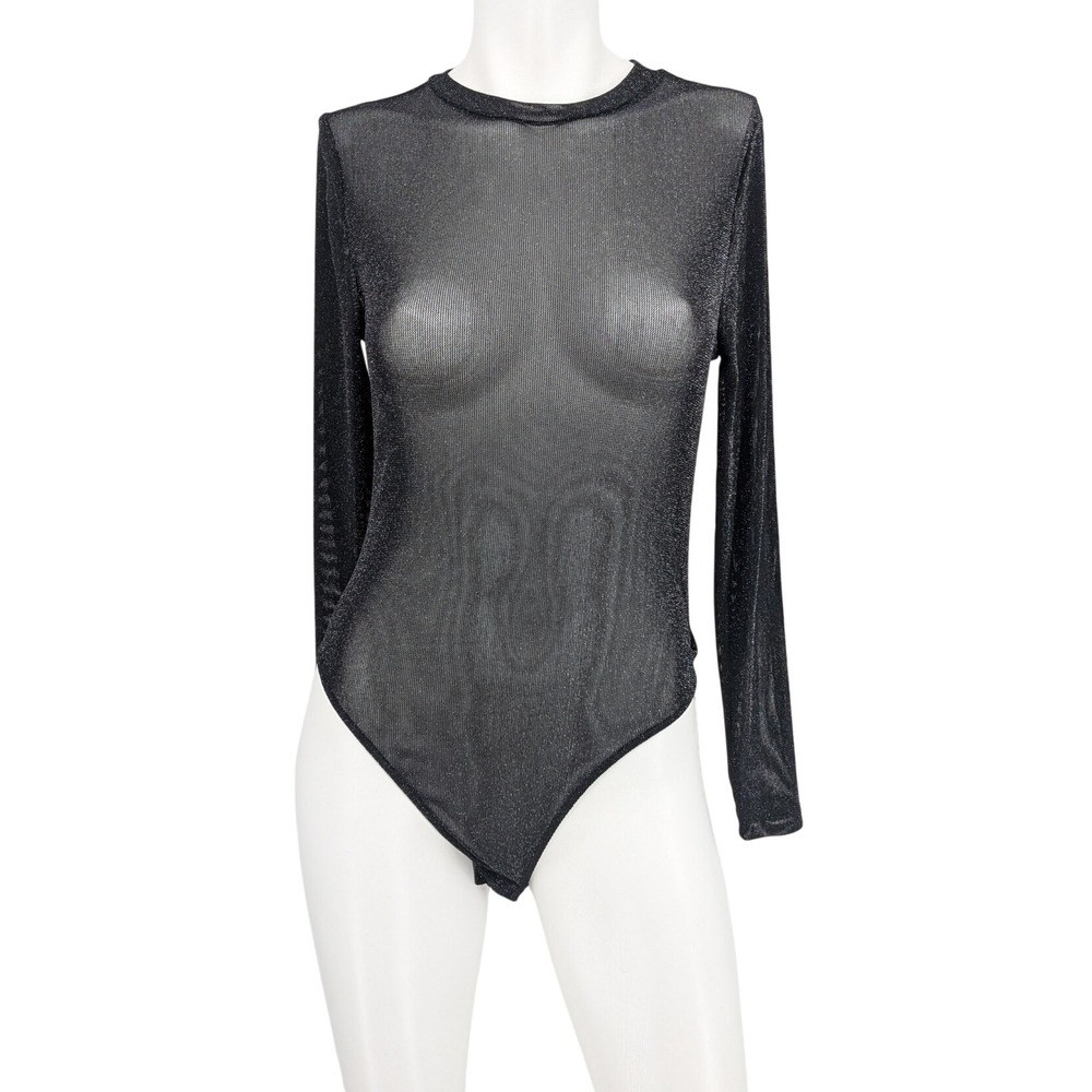 Black Sheer Metallic Mesh Bodysuit Long Sleeve Rave Y2K E Girl Glam Fitted Large